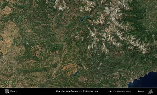 Alpes-de-Haute-Provence. Eylül 2019 'da Copernicus Sentinel karolarından oluşan bir uydu görüntüsü üzerine Fransa' nın idari bölgesi