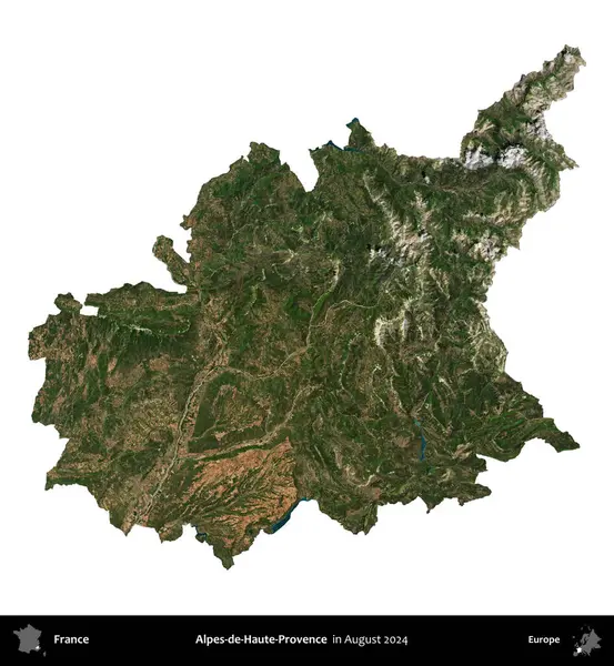 Alpes-de-Haute-Provence. Fransa 'nın idari bölgesi, Ağustos 2024' te çekilen Kopernik Nöbetçi karolarından oluşan bir uydu görüntüsüyle beyaza izole edildi.