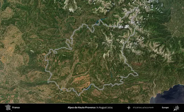 Alpes-de-Haute-Provence. Copernicus Sentinel 'in Ağustos 2024' te çekilen uydu görüntüsünde Fransa 'nın idari bölgesinin ana hatları belirlendi.