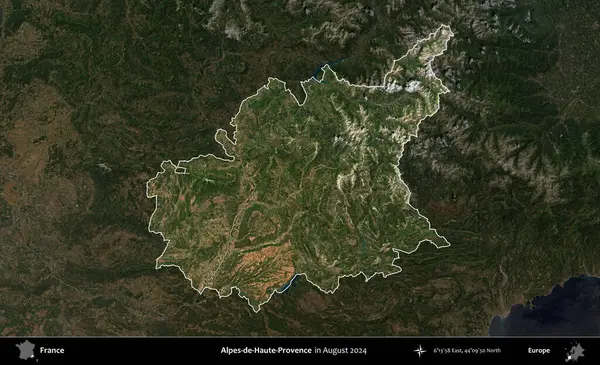 Alpes-de-Haute-Provence. Fransa 'nın idari alanı, Ağustos 2024' te çekilen Kopernik Sentinel karolarından oluşan koyu renkli bir uydu görüntüsü üzerinde vurgulandı ve özetlendi.