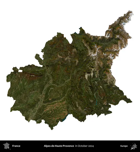 Alpes-de-Haute-Provence. Fransa 'nın idari bölgesi, Ekim 2024' te çekilen Kopernik Nöbetçi karolarından oluşan uydu görüntüsüyle beyaza izole edildi.