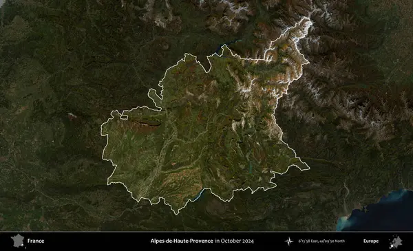 Alpes-de-Haute-Provence. Fransa 'nın idari alanı, Ekim 2024' te çekilen Kopernik Nöbetçi karolarından oluşan koyu renkli bir uydu görüntüsü üzerinde vurgulandı ve özetlendi.