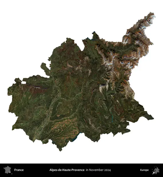 Alpes-de-Haute-Provence. Fransa 'nın idari bölgesi, Kasım 2024' te çekilen Kopernik Nöbetçi karolarından oluşan uydu görüntüsüyle beyaza izole edildi.