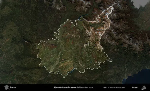 Alpes-de-Haute-Provence. Fransa 'nın idari alanı, Kopernik Sentinel' in Kasım 2024 'te çekilmiş karanlık bir uydu görüntüsüyle vurgulandı ve özetlendi.