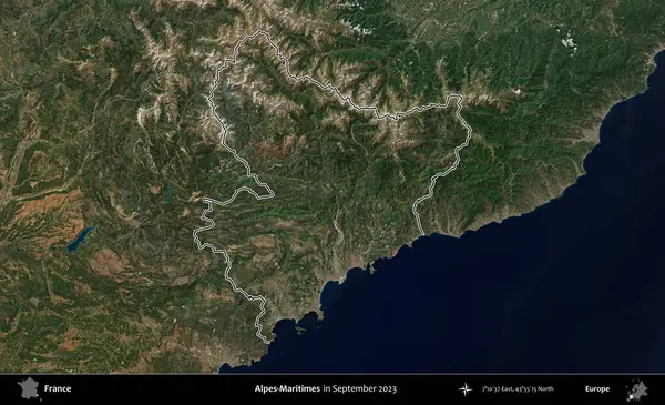 Alpes-Maritimes. Eylül 2023 'te çekilen Copernicus Sentinel karolarından oluşan bir uydu görüntüsünde Fransa' nın idari bölgesinin ana hatlarını çizdim.