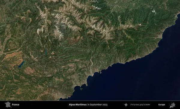 Alpes-Maritimes. Copernicus Sentinel 'in Eylül 2023' te çekilmiş uydu görüntüsü üzerine Fransa 'nın idari bölgesi.
