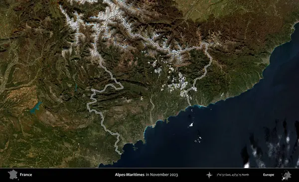 Alpes-Maritimes. Copernicus Sentinel 'in Kasım 2023' te çekilen uydu görüntüsünde Fransa 'nın idari bölgesinin ana hatları belirlendi.