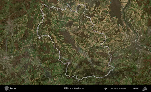 Altkirch. Mart 2020 'de çekilen Copernicus Sentinel karolarından oluşan bir uydu görüntüsünde Fransa' nın idari bölgesinin ana hatları belirlendi.