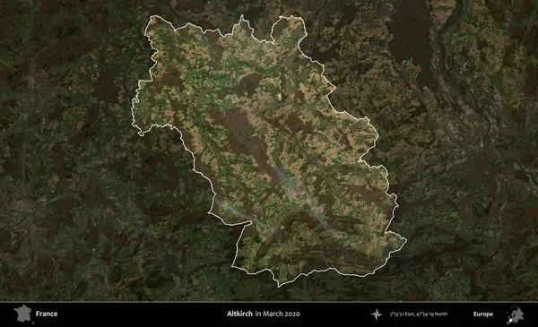 Altkirch. Fransa 'nın idari alanı, Mart 2020' de çekilen Kopernik Nöbetçi karolarından oluşan koyu renkli bir uydu görüntüsü üzerinde vurgulandı ve özetlendi.
