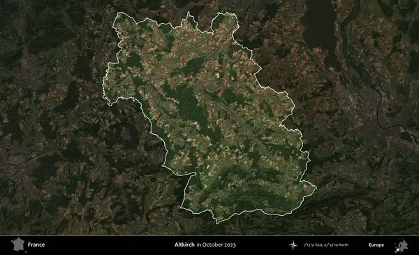 Altkirch. Fransa 'nın idari alanı, Ekim 2023' te çekilen Kopernik Nöbetçi karolarından oluşan koyu renkli bir uydu görüntüsü üzerinde vurgulandı ve özetlendi.