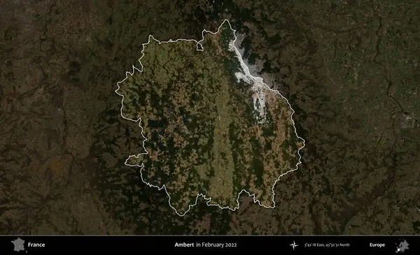Ambert. Fransa 'nın idari alanı, Şubat 2022' de çekilen Kopernik Sentinel karolarından oluşan koyu renkli bir uydu görüntüsü üzerinde vurgulandı ve özetlendi.