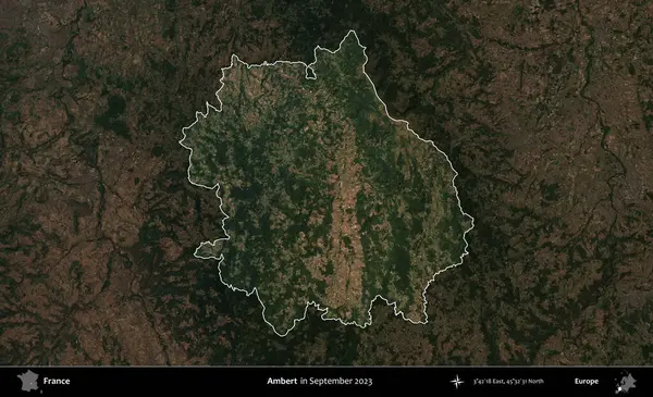 Ambert. Fransa 'nın idari alanı, Eylül 2023' te çekilen Kopernik Nöbetçi karolarından oluşan koyu renkli bir uydu görüntüsü üzerinde vurgulandı ve özetlendi.