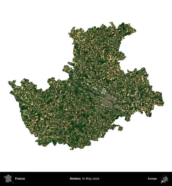 Amiens. Fransa 'nın idari bölgesi, Mayıs 2020' de çekilen Kopernik Nöbetçi karolarından oluşan bir uydu görüntüsüyle beyaza izole edildi.