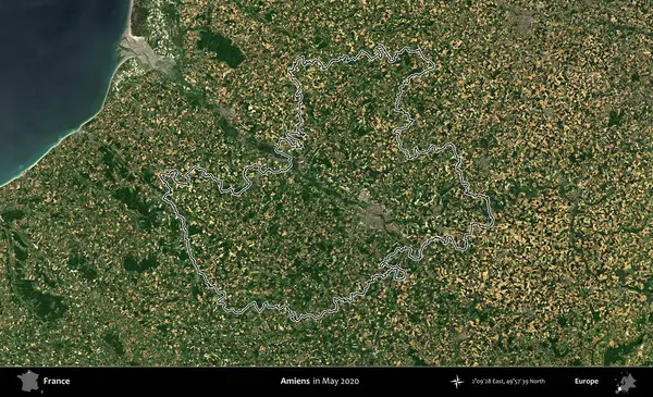 Amiens. Mayıs 2020 'de çekilen Copernicus Sentinel karolarından oluşan bir uydu görüntüsünde Fransa' nın idari bölgesinin ana hatları belirlendi.