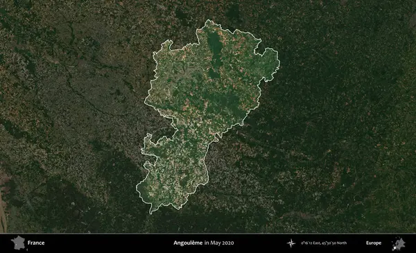 Angoume. Fransa 'nın idari alanı, Mayıs 2020' de çekilen Kopernik Nöbetçi karolarından oluşan koyu renkli bir uydu görüntüsü üzerinde vurgulandı ve özetlendi.