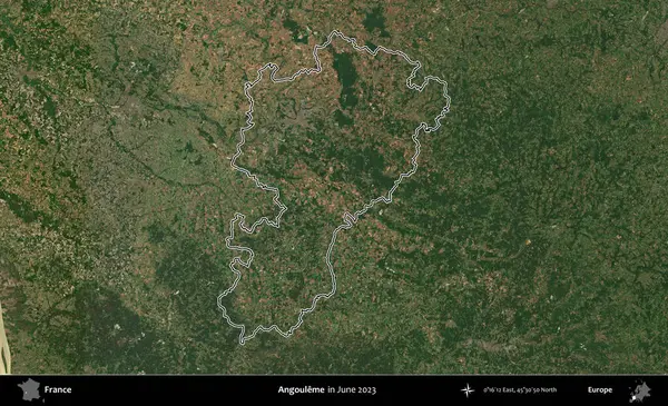 Angoume. Haziran 2023 'te çekilen Copernicus Sentinel karolarından oluşan bir uydu görüntüsünde Fransa' nın idari bölgesinin ana hatları belirlendi.