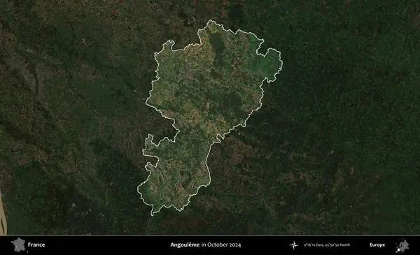 Angoume. Fransa 'nın idari alanı, Ekim 2024' te çekilen Kopernik Nöbetçi karolarından oluşan koyu renkli bir uydu görüntüsü üzerinde vurgulandı ve özetlendi.