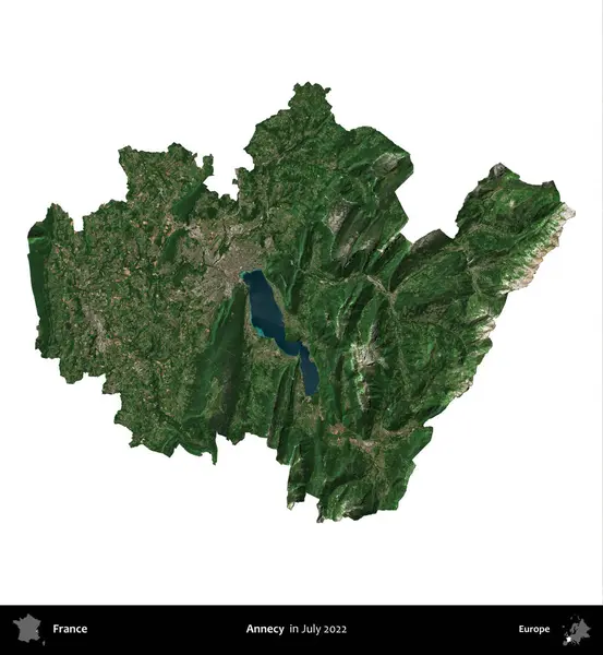 Annecy. Fransa 'nın idari bölgesi, Temmuz 2022' de çekilen Kopernik Nöbetçi karolarından oluşan bir uydu görüntüsüyle beyaza izole edildi.