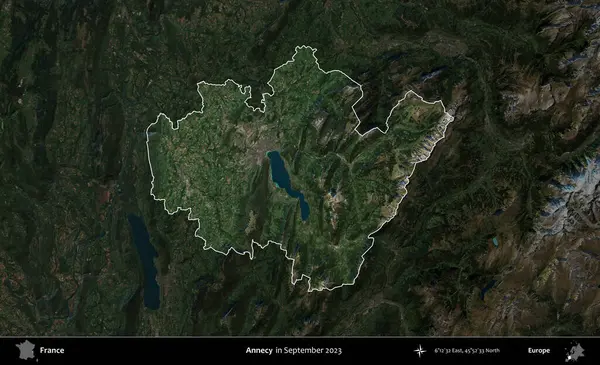 Annecy. Fransa 'nın idari alanı, Eylül 2023' te çekilen Kopernik Nöbetçi karolarından oluşan koyu renkli bir uydu görüntüsü üzerinde vurgulandı ve özetlendi.