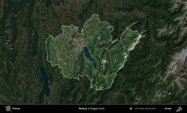 Annecy. Fransa 'nın idari alanı, Ağustos 2024' te çekilen Kopernik Sentinel karolarından oluşan koyu renkli bir uydu görüntüsü üzerinde vurgulandı ve özetlendi.