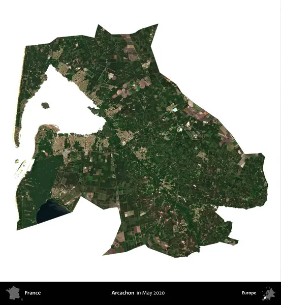 Arcachon. Fransa 'nın idari bölgesi, Mayıs 2020' de çekilen Kopernik Nöbetçi karolarından oluşan bir uydu görüntüsüyle beyaza izole edildi.