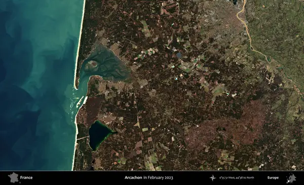 Arcachon. Copernicus Sentinel 'in Şubat 2023' te çekilmiş uydu görüntüsü üzerine Fransa 'nın idari bölgesi.