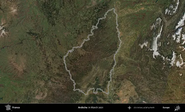 Ardeche. Mart 2021 'de çekilen Copernicus Sentinel karolarından oluşan bir uydu görüntüsünde Fransa' nın idari bölgesinin ana hatları belirlendi.