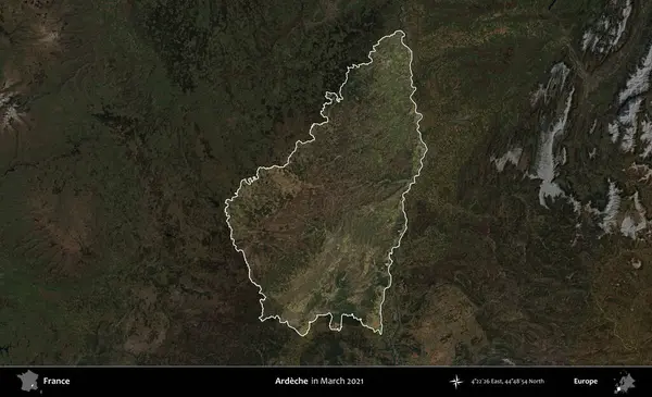 Ardeche. Fransa 'nın idari alanı, Mart 2021' de çekilen Kopernik Sentinel karolarından oluşan koyu renkli bir uydu görüntüsü üzerinde vurgulandı ve özetlendi.