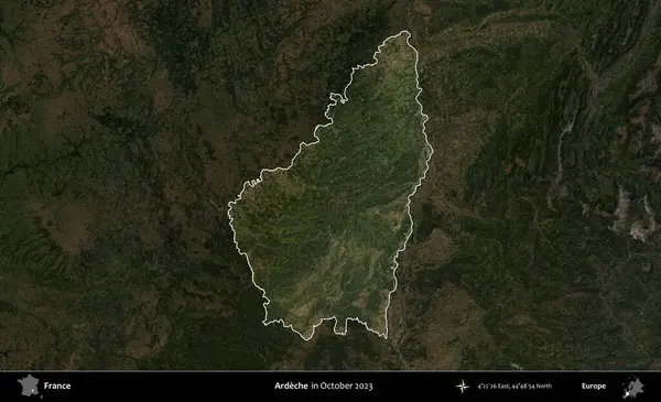 Ardeche. Fransa 'nın idari alanı, Ekim 2023' te çekilen Kopernik Nöbetçi karolarından oluşan koyu renkli bir uydu görüntüsü üzerinde vurgulandı ve özetlendi.