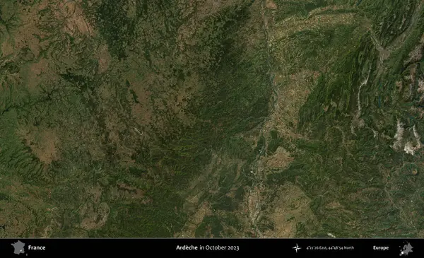 Ardeche. Copernicus Sentinel 'in Ekim 2023' te çekilmiş uydu görüntüsü üzerine Fransa 'nın idari bölgesi.