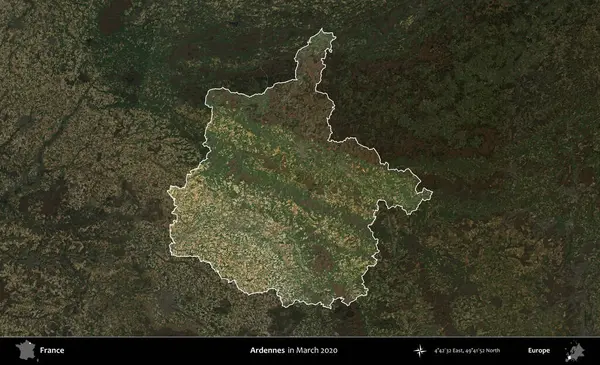 Ardennes. Fransa 'nın idari alanı, Mart 2020' de çekilen Kopernik Nöbetçi karolarından oluşan koyu renkli bir uydu görüntüsü üzerinde vurgulandı ve özetlendi.