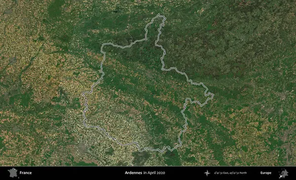 Ardennes. Nisan 2020 'de çekilen Kopernik Nöbetçi karolarından oluşan bir uydu görüntüsünde Fransa' nın idari bölgesinin ana hatlarını çizdim.