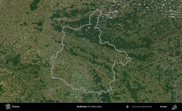 Ardennes. Haziran 2020 'de çekilen Copernicus Sentinel karolarından oluşan bir uydu görüntüsü üzerine Fransa' nın idari bölgesinin ana hatlarını belirledik.