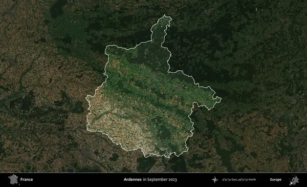 Ardennes. Fransa 'nın idari alanı, Eylül 2023' te çekilen Kopernik Nöbetçi karolarından oluşan koyu renkli bir uydu görüntüsü üzerinde vurgulandı ve özetlendi.