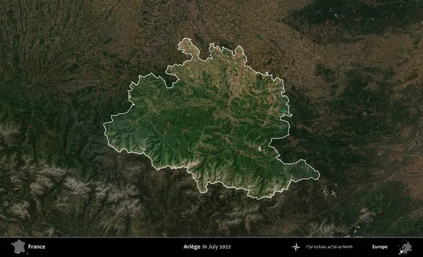 Ariege. Fransa 'nın idari alanı, Temmuz 2022' de çekilen Kopernik Nöbetçi karolarından oluşan koyu renkli bir uydu görüntüsüyle vurgulandı ve özetlendi.