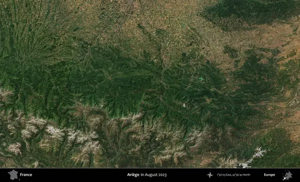 Ariege. Copernicus Sentinel 'in Ağustos 2023' te çekilmiş uydu görüntüsü üzerine Fransa 'nın idari bölgesi.