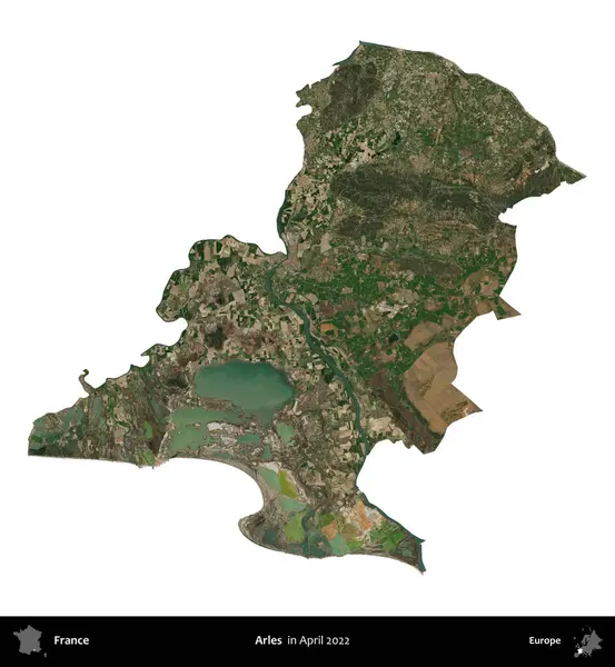 Arles. Fransa 'nın idari bölgesi, Nisan 2022' de çekilen Kopernik Nöbetçi karolarından oluşan bir uydu görüntüsüyle beyaza izole edildi.