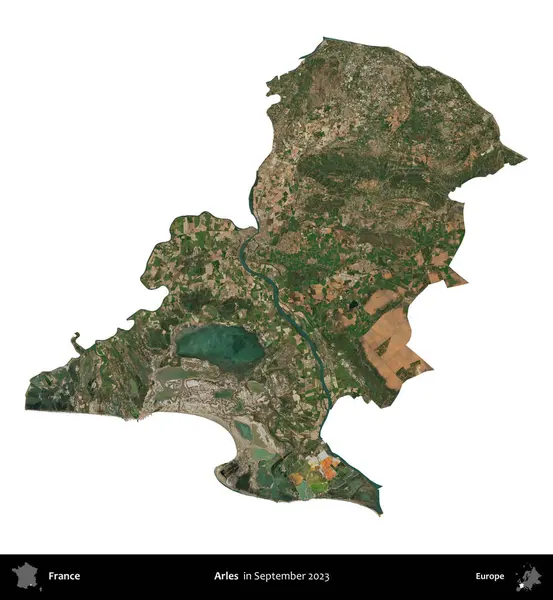 Arles. Fransa 'nın idari bölgesi, Eylül 2023' te çekilen Kopernik Nöbetçi karolarından oluşan bir uydu görüntüsü üzerinde beyaza izole edildi.