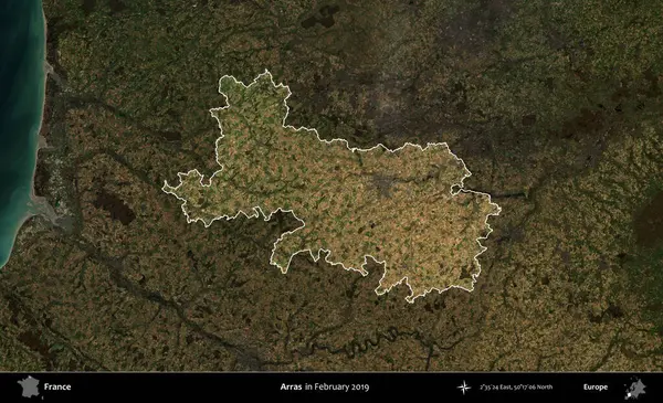 Arras. Fransa 'nın idari alanı, Şubat 2019' da çekilen Kopernik Sentinel karolarından oluşan koyu renkli bir uydu görüntüsü üzerinde vurgulandı ve özetlendi.