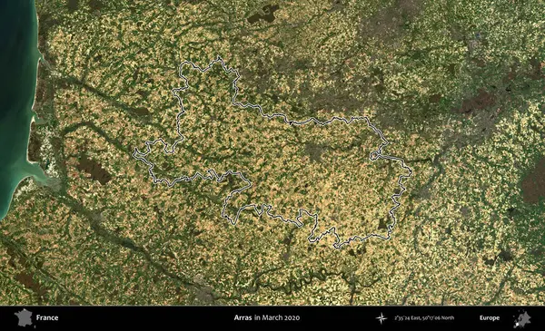 Arras. Mart 2020 'de çekilen Copernicus Sentinel karolarından oluşan bir uydu görüntüsünde Fransa' nın idari bölgesinin ana hatları belirlendi.