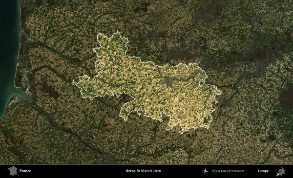 Arras. Fransa 'nın idari alanı, Mart 2020' de çekilen Kopernik Nöbetçi karolarından oluşan koyu renkli bir uydu görüntüsü üzerinde vurgulandı ve özetlendi.