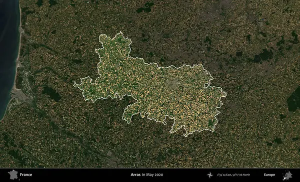 Arras. Fransa 'nın idari alanı, Mayıs 2020' de çekilen Kopernik Nöbetçi karolarından oluşan koyu renkli bir uydu görüntüsü üzerinde vurgulandı ve özetlendi.