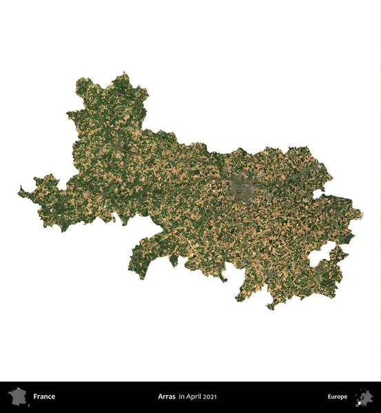 Arras. Fransa 'nın idari bölgesi, Nisan 2021' de çekilen Kopernik Nöbetçi karolarından oluşan bir uydu görüntüsü ile beyaza izole edildi.