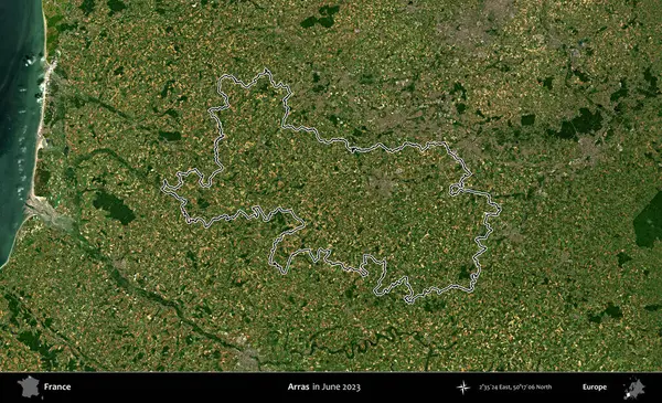 Arras. Haziran 2023 'te çekilen Copernicus Sentinel karolarından oluşan bir uydu görüntüsünde Fransa' nın idari bölgesinin ana hatları belirlendi.