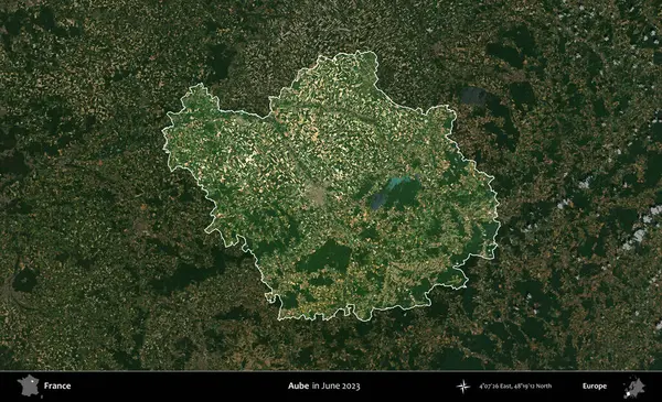 Aube. Fransa 'nın idari alanı, Haziran 2023' te çekilen Kopernik Nöbetçi karolarından oluşan koyu renkli bir uydu görüntüsüyle vurgulandı ve özetlendi.