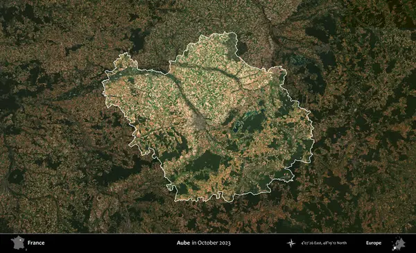 Aube. Fransa 'nın idari alanı, Ekim 2023' te çekilen Kopernik Nöbetçi karolarından oluşan koyu renkli bir uydu görüntüsü üzerinde vurgulandı ve özetlendi.