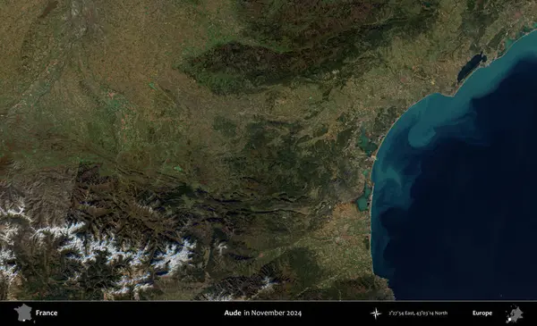 Aude. Copernicus Sentinel 'in Kasım 2024' te çekilmiş uydu görüntüsü üzerine Fransa 'nın idari bölgesi.