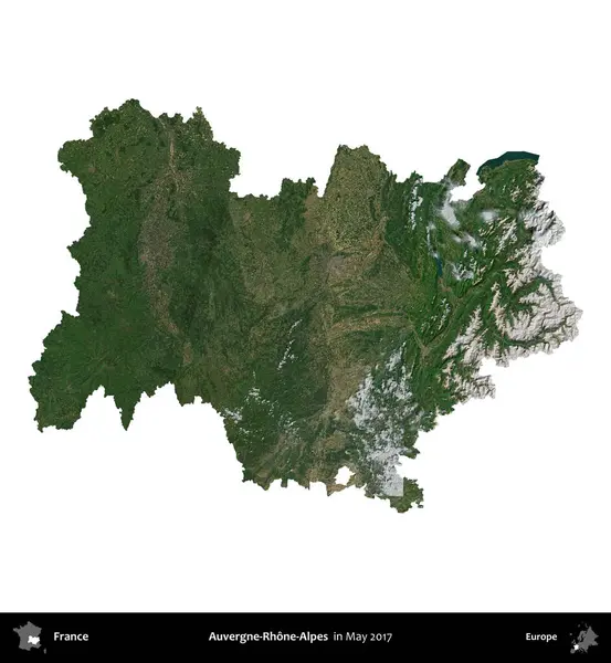 Auvergne-Rhone-Alpes. Fransa 'nın idari bölgesi, Mayıs 2017' de çekilen Kopernik Nöbetçi karolarından oluşan bir uydu görüntüsü üzerinde beyaza izole edildi.