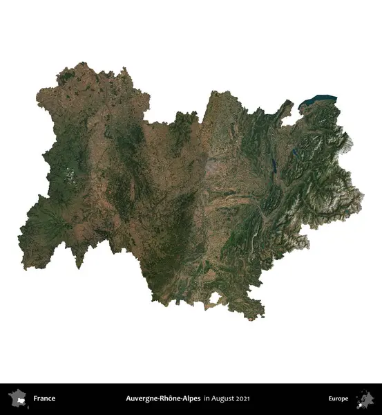 Auvergne-Rhone-Alpes. Fransa 'nın idari bölgesi, Ağustos 2021' de çekilen Kopernik Nöbetçi karolarından oluşan bir uydu görüntüsüyle beyaza izole edildi.