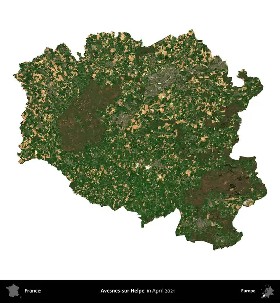 Avesnes-sur-Helpe. Fransa 'nın idari bölgesi, Nisan 2021' de çekilen Kopernik Nöbetçi karolarından oluşan bir uydu görüntüsü ile beyaza izole edildi.